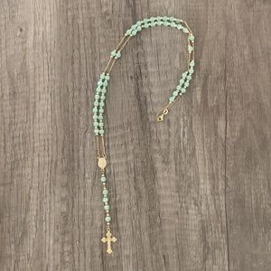 Gold and green stone rosary bead necklace